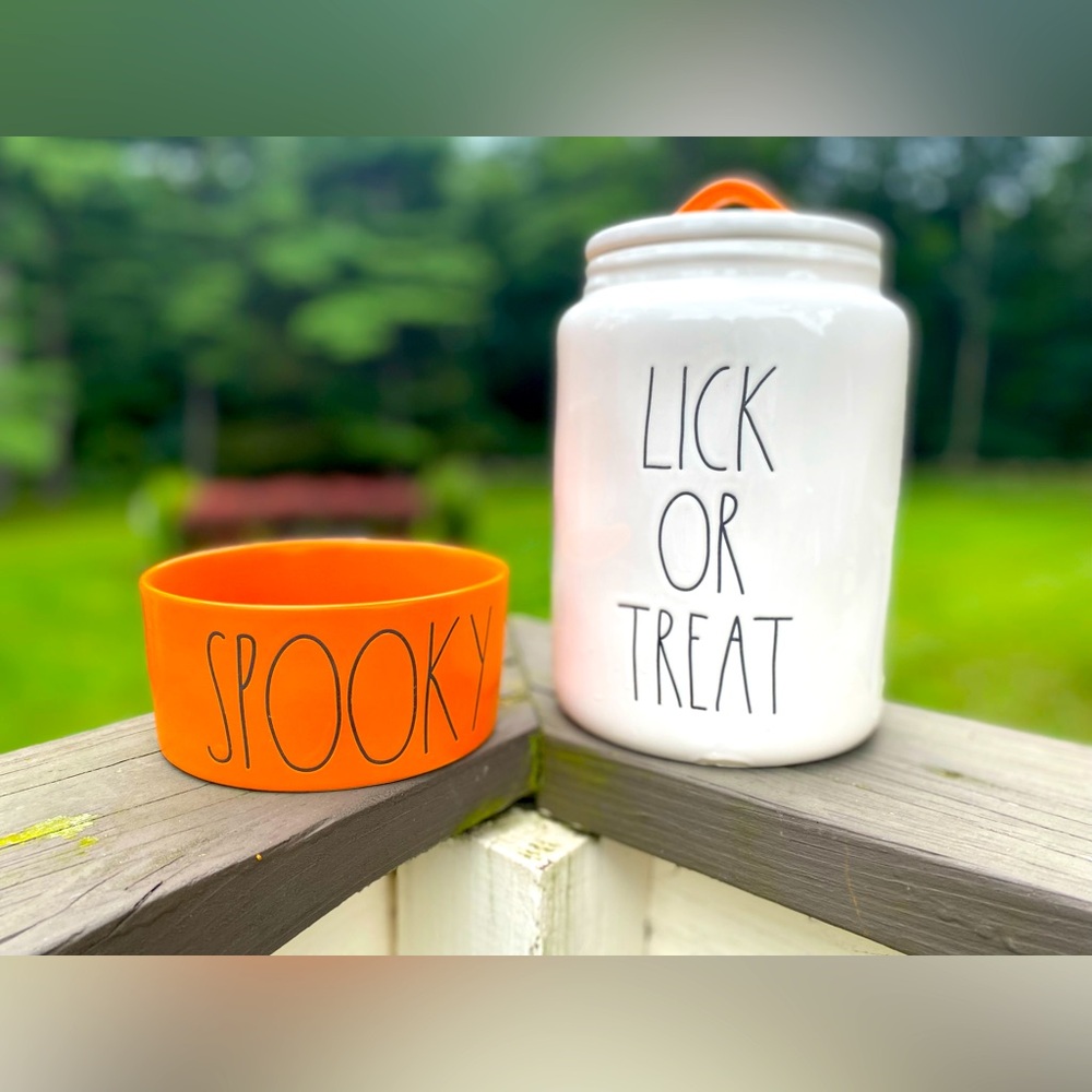RAE DUNN Halloween Ceramic Lick Or Treat Dog Treat Jar AND Spooky Pet Food Dish